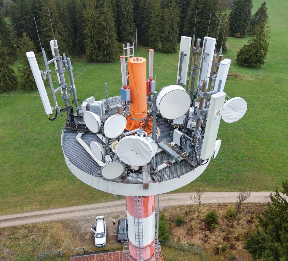 Aerial view of a multi-operator telecom tower in Germany