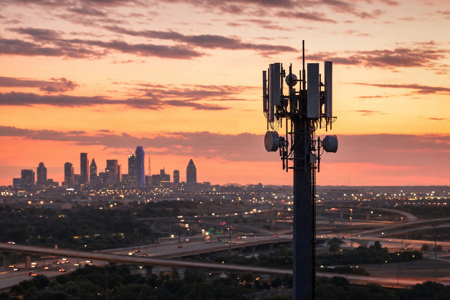 Monopole tower at sunset with Dallas skyline