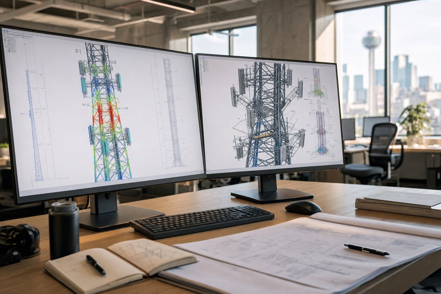 Structural CAD and BIM models of a telecom tower on dual monitors
