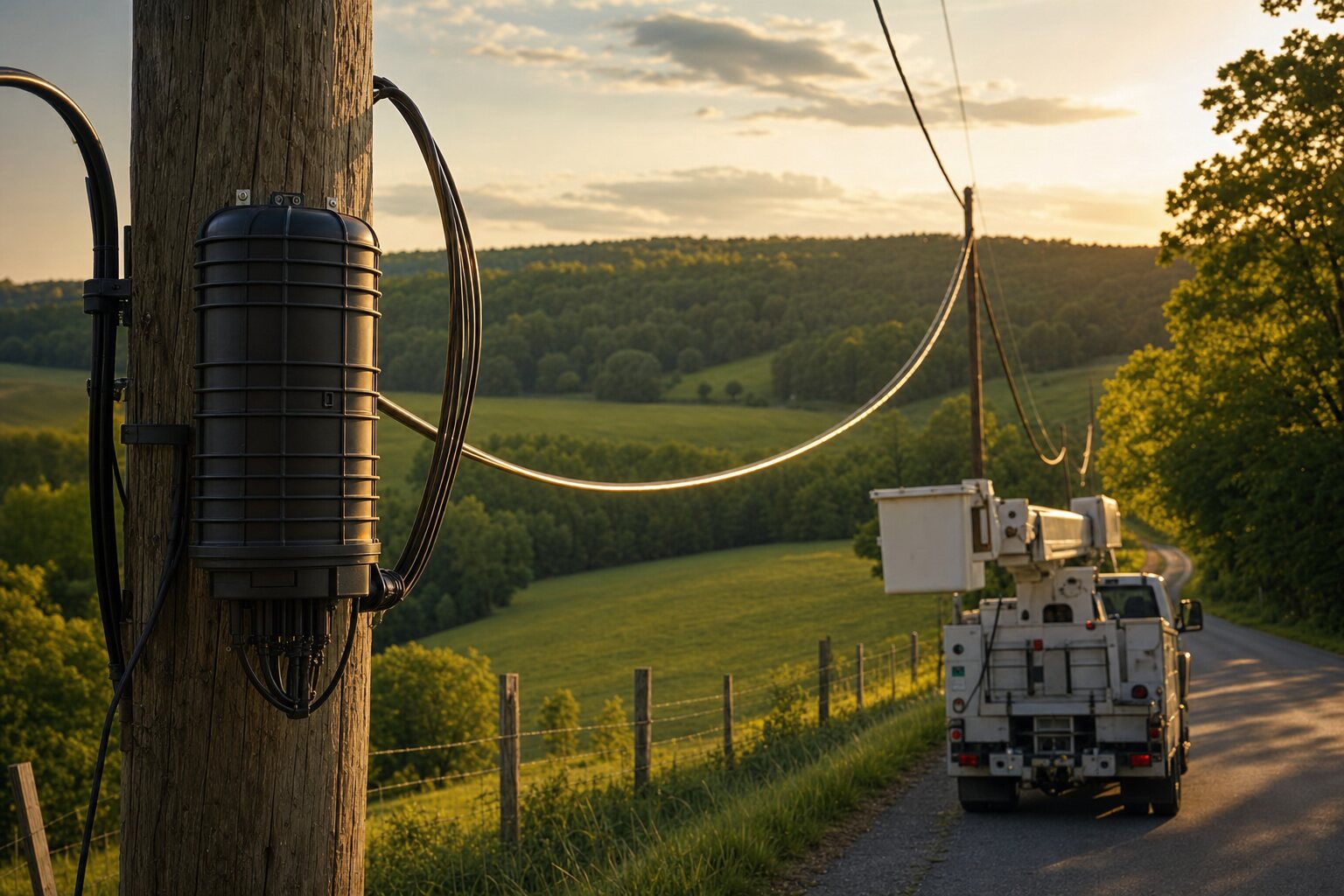 Aerial fiber install on a rural utility pole at sunset