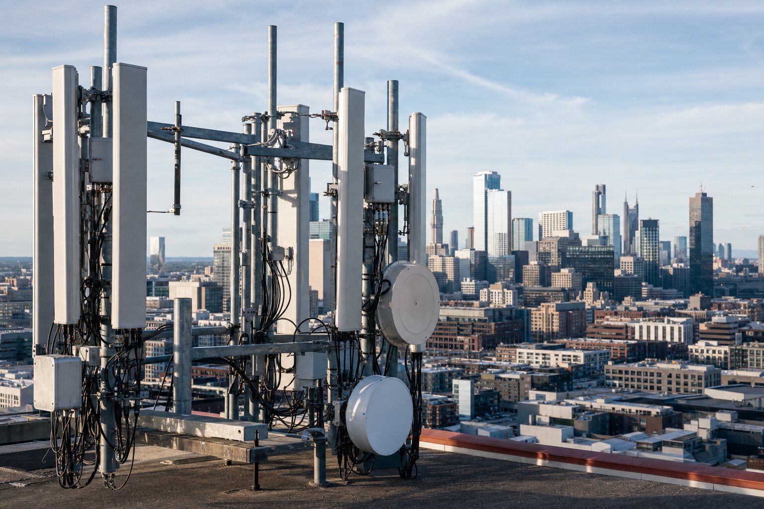 Rooftop cellular installation over an American downtown skyline